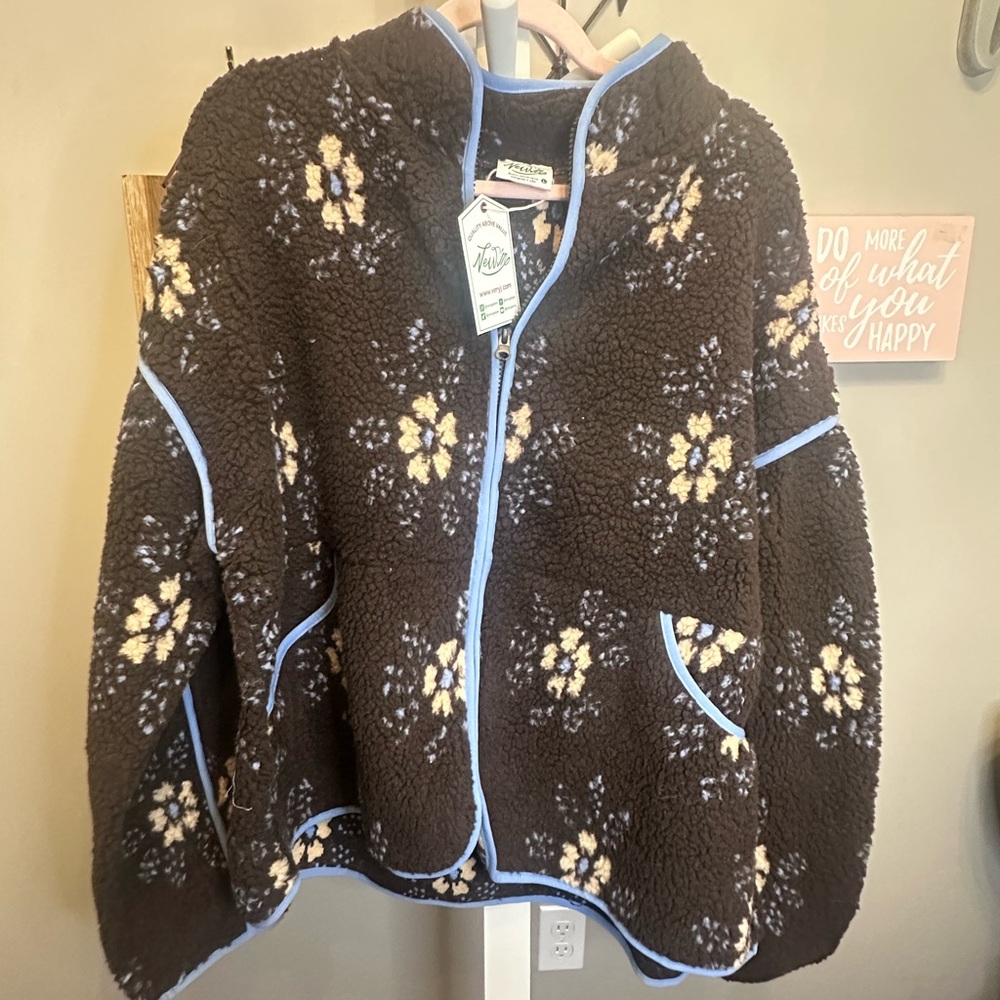 Very J Brown Teddy Jacket with Blue Trim